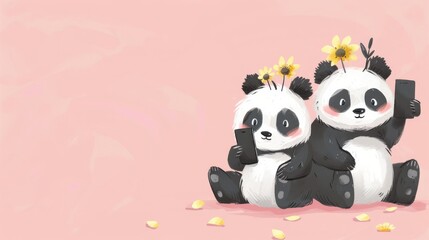 Two pandas with smartphones and flower crowns sitting on a pink background - obrazy, fototapety, plakaty