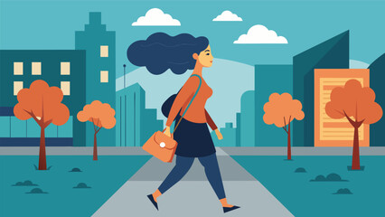 Fototapeta premium A woman walks confidently down the street information and directions to her destination streaming directly into her brain freeing her hands to carry.
