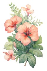 A watercolor painting of a bouquet of pink hibiscus flowers with green leaves.