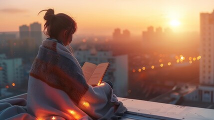A serene scene of a child wrapped in a cozy blanket, a book by their side, watching the sunrise from a high-rise rooftop, the early morning light casting a warm glow on the pages.