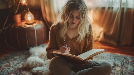 Cozy lofi ambiance of young bohemian woman journaling in vintage leather-bound diary