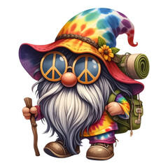 A whimsical gnome in a hippie-style tie-dye outfit and peace sunglasses, with long hair obscuring the face except for the nose and mouth, now hiking. The gnome's large hat completely covers the eyes. 