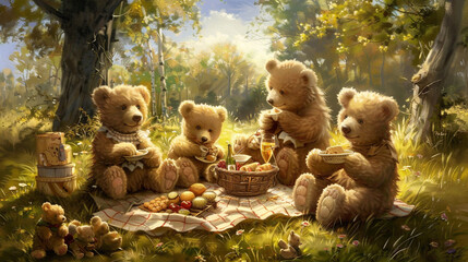 teddy bear family enjoying a picnic in a sun-dappled meadow their picnic blanket spread with...