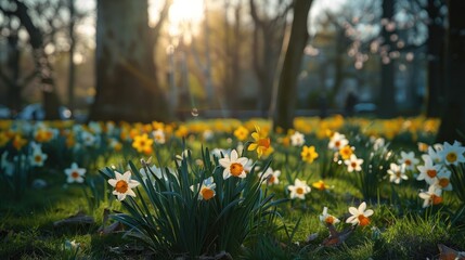 Yellow and white daffodil flowers bloom in a park during the spring season