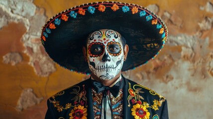 Mexican man with Dia de los Muertos face paint celebrating Cinco de Mayo