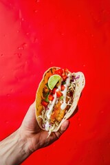 human hand holding a classic Mexican street taco against a vibrant solid red backdrop