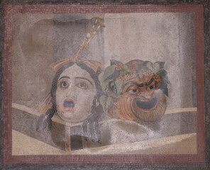 Mosaic depicting theatrical masks of Tragedy and Comedy, 2nd century AD, from Rome Thermae Decianae