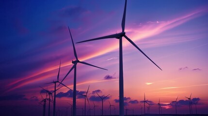 A serene scene of a wind farm at sunset, the turbines standing tall against the vibrant sky, capturing the elegance and potential of wind power as a sustainable energy source - obrazy, fototapety, plakaty