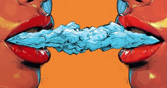 Loop animation collage. Comic style. Sensual lips and smoke. Ideal intro for music.