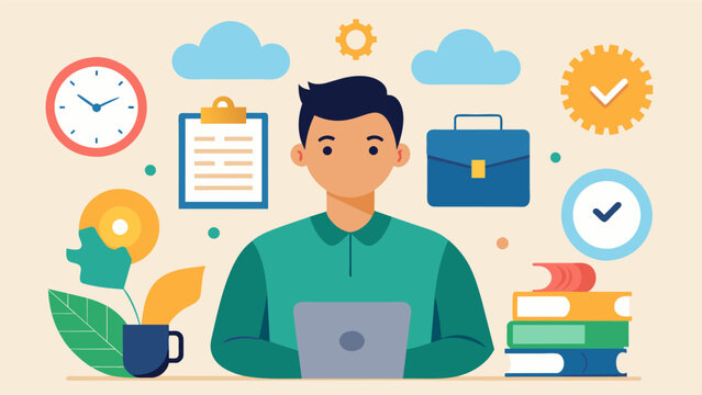 A young adult learning essential job skills such as time management and teamwork from a life skills coach in preparation for entering the workforce.. Vector illustration