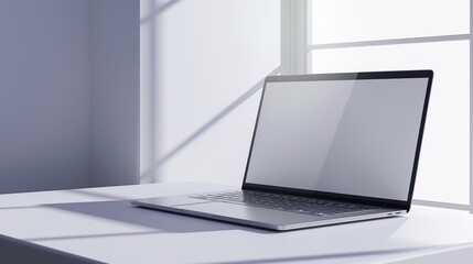 laptop computer mockup with open lid and visible screen on white desk