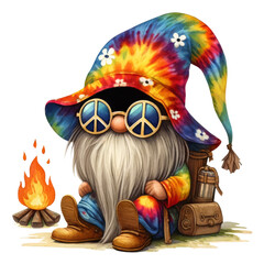 A whimsical gnome in a hippie-style tie-dye outfit and peace sunglasses, with long hair obscuring the face except for the nose and mouth, now camping. The gnome's large hat completely covers the eyes.