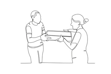 Single continuous line drawing of Neighbors who provide assistance with daily needs. Having small talk, concept one line draw graphic design vector illustration.
