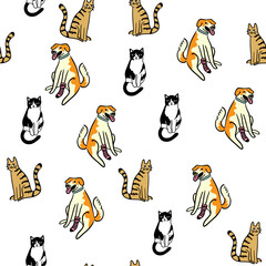 colored seamless pattern cartoon dogs and cats doodle style. pets design for wallpaper, backdrop, wrapping, textile print