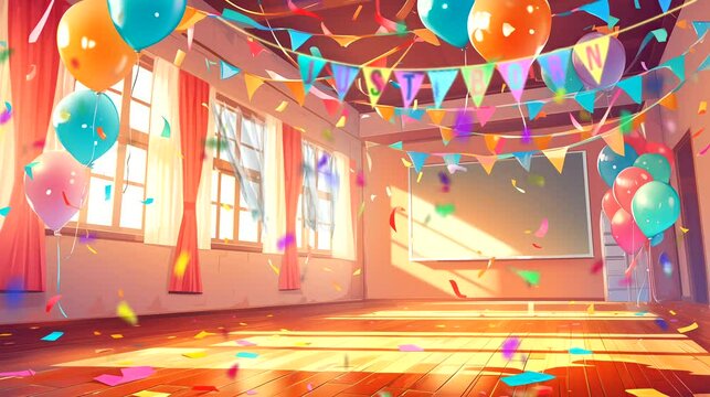 An Empty Party Room, ready for celebration. Anime or cartoon style, looping 4k video animation background
