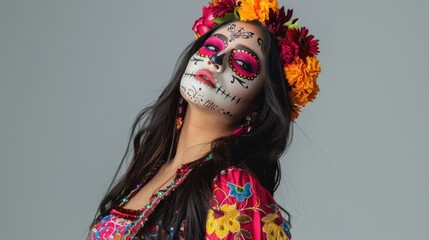 Retrato de estudio de una joven mexicana con colorido maquillaje del Día de los Muertos