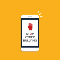 Stop Cyberbullying. Mobile phone with message to stop hurting the mind of others through social media. Vector illustration.	