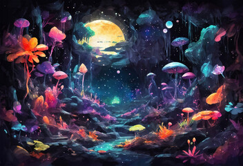 A deep forest landscape at night glowing plants, Avatar pandora forest in deep space, magic, alien forest, outer world plantation, vibrant colors, white background, magic splash, Generative Ai.