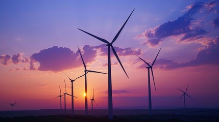 A serene scene of a wind farm at sunset, the turbines standing tall against the vibrant sky, capturing the elegance and potential of wind power as a sustainable energy source - obrazy, fototapety, plakaty