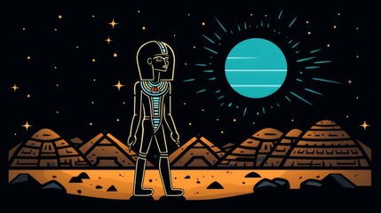 Ancient astronaut in front of pyramids under a starry sky with a bright sun