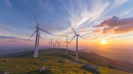 A serene scene of a wind farm at sunset, the turbines standing tall against the vibrant sky, capturing the elegance and potential of wind power as a sustainable energy source