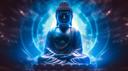 Blue translucent Buddha statue sitting in lotus pose with glowing blue light emanating from behind.