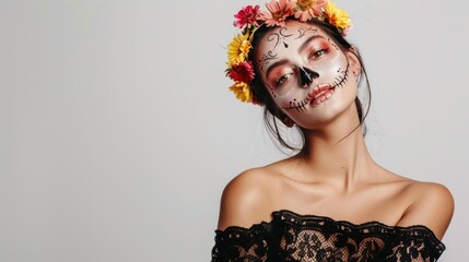 Joven mexicana con maquillaje de calavera del Día de los Muertos en un fondo mínimo