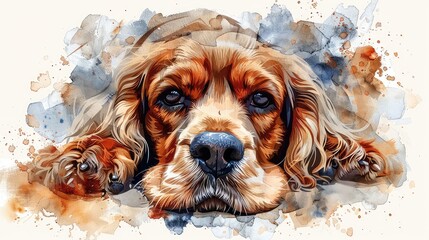 A watercolor painting of a cocker spaniel with a paint splatter background. - obrazy, fototapety, plakaty