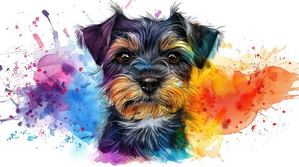 Watercolor painting of a cute dog with paint splatters in the background