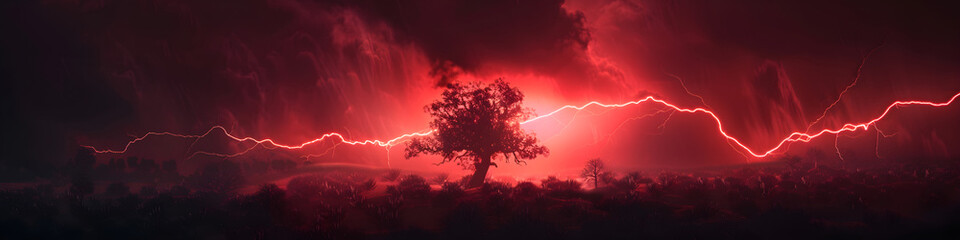 Electrical Storm Illuminating Tree in Field
