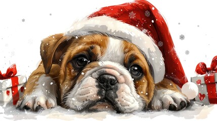 A cute puppy wearing a Santa hat is lying in the snow next to a wrapped present.