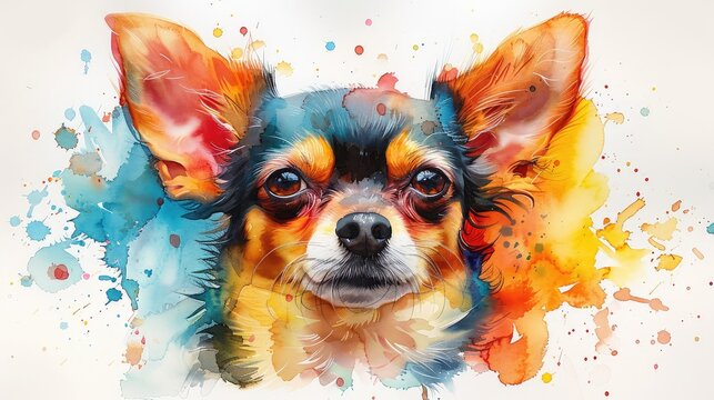 A watercolor painting of a chihuahua with paint splatters around it.