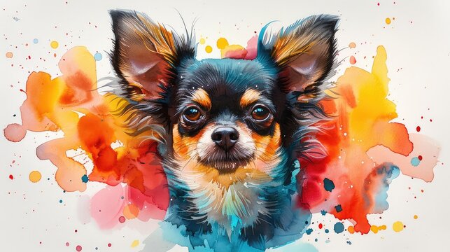 vibrant watercolor painting of a chihuahua with paint splatters