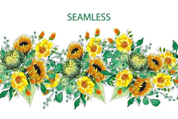 Sunflowers, elegant bouquets with greenery and eucalyptus branches. Hand drawn illustration in watercolor style. Seamless border for wedding invitations, birthday, anniversary