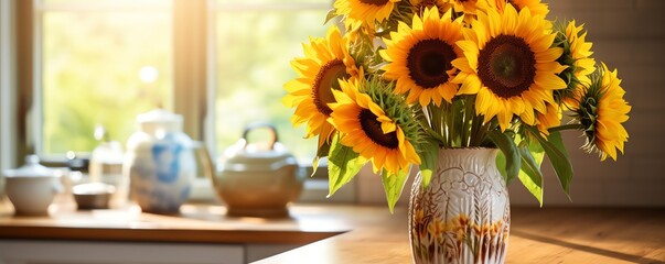 A beautiful bouquet of sunflowers sitting on a table in front of a window. - Powered by Adobe