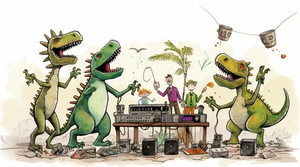 Cartoon dinosaurs as DJs host a vibrant dancing event in a lush jungle