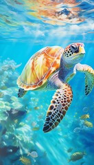 A beautiful sea turtle swims through a coral reef. The turtle is graceful and serene, and the reef is full of vibrant colors.