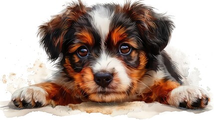 A cute puppy dog with big eyes and a wet nose. He has brown, black, and white fur and is looking up at you with a curious expression.