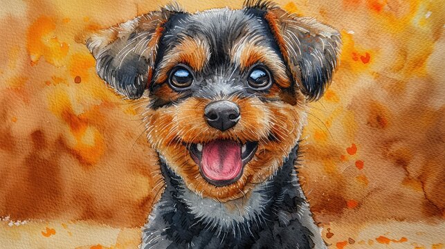 Watercolor painting of a cute Yorkshire Terrier dog with a happy expression on its face.
