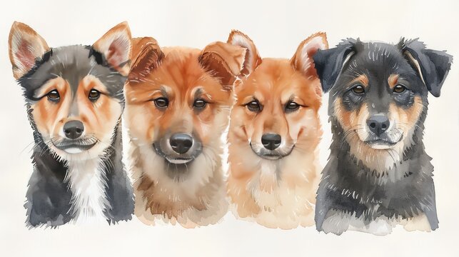Aquarelle illustration of different dog breeds.