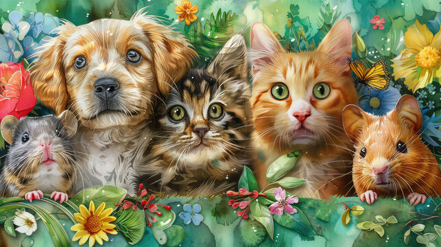 A beautiful watercolor painting of a puppy, kitten, and two mice surrounded by colorful flowers and greenery.
