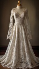 Fototapeta premium Bohemian Romance: Lace Sleeve Bridal Gown on a Full Body Mannequin