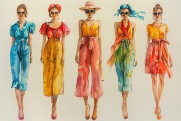 Naklejka premium Collage with a group of charming women in retro American fashion style on a light background, 50s trend
