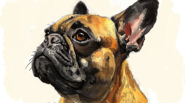 Watercolor painting of a French Bulldog looking up with big brown eyes.