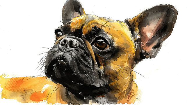A watercolor painting of a French Bulldog looking up with big, round eyes.