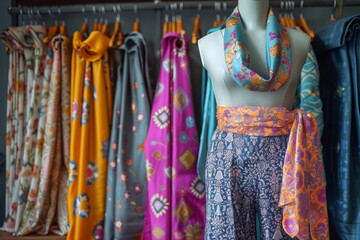Colorful silk scarves at the market. Textile colors