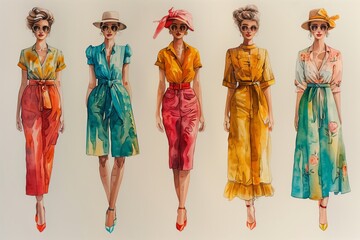 Naklejka premium Collage with a group of charming women in retro American fashion style on a light background, 50s trend