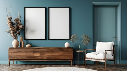 Living room interior with panoramic window, two white poster, blue armchair, closet, laptop and oak wooden parquet floor. Perfect place for relaxation. Concept of minimalist design. ai generated 