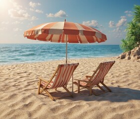 Beach chairs and umbrella on the beach. 3d render.