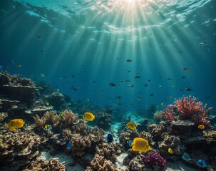 Underwater view of coral reef with tropical fish and sunbeams
